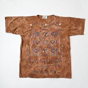 Vintage 90s Copa Cabana USA Embroidered Boho T-Shirt Brown Tie Dye Festival Top